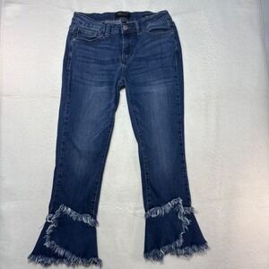 Judy Blue Crop Flare Jeans Medium Wash Frayed Tiered Hem Size 5/27 JB88058